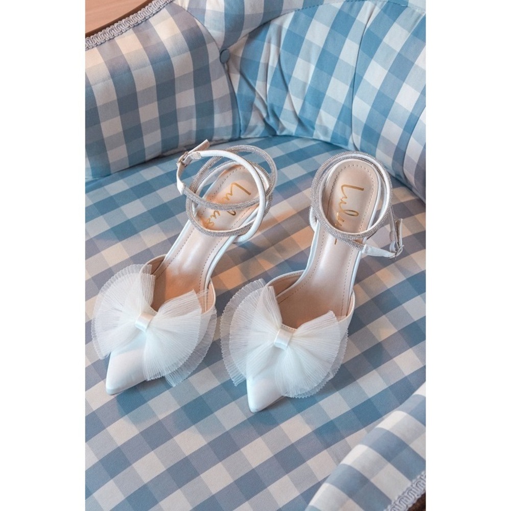 Lulus Lelanee White Satin Rhinestone Bow Ankle Strap Pumps - Size 7 - Picture 1 of 3